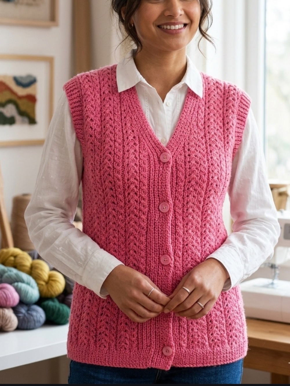 Hand Knit Button Down Sweater Vest in Pink